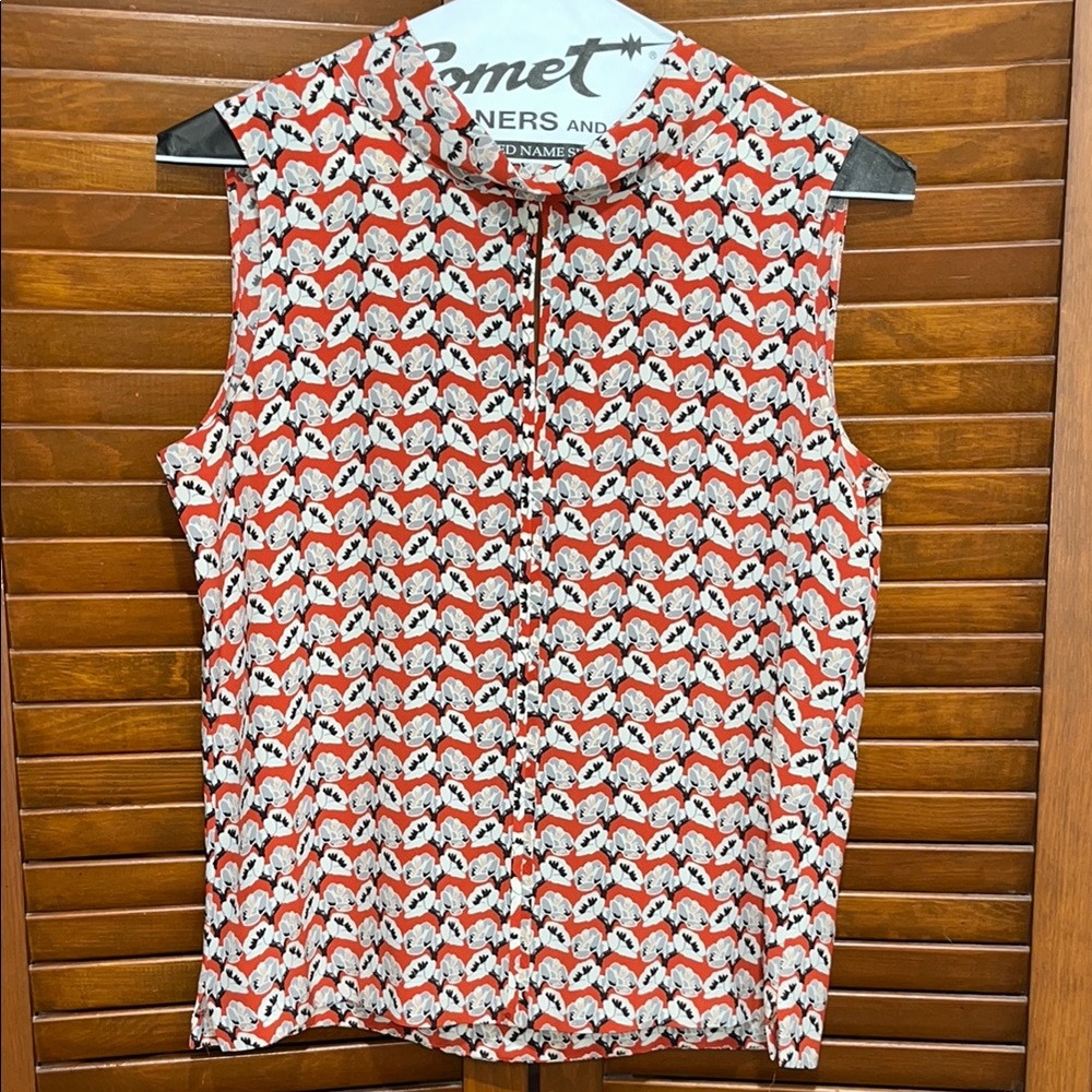 Tory Burch Silk Rust Black and White Floral Design Sleeveless Blouse